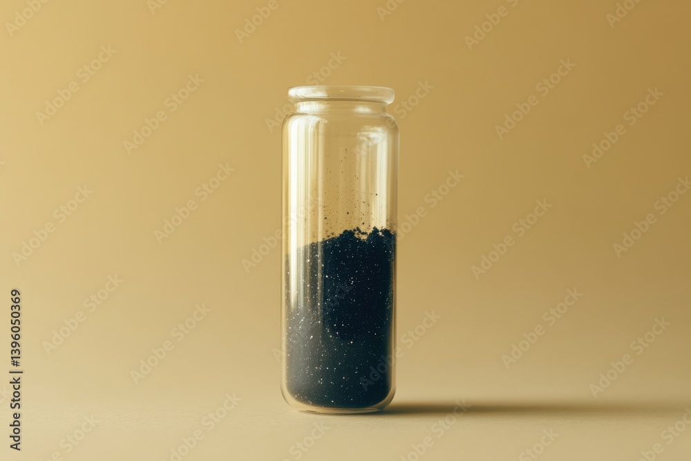Poster Unique glass container filled with dark sand displayed against a soft, neutral background in a minimalistic setting
