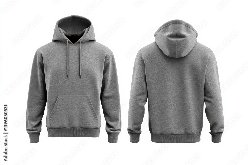 Poster Gray hoodie with front pocket and adjustable drawstring showcased from multiple angles in a minimalist style