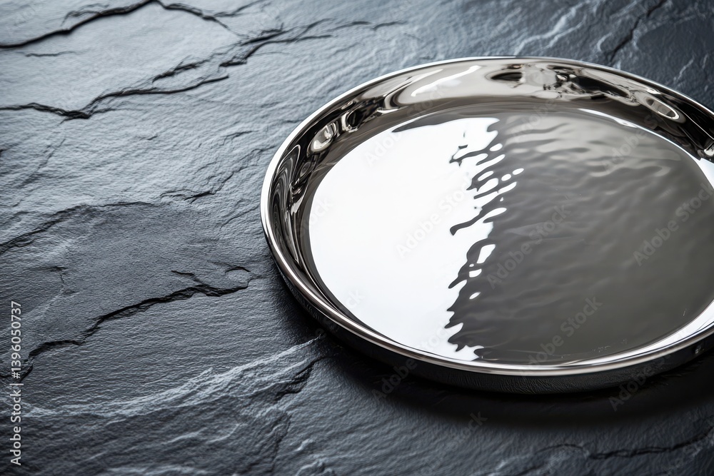 Poster Shiny metal tray resting on textured stone surface reflecting light in a minimalist setting