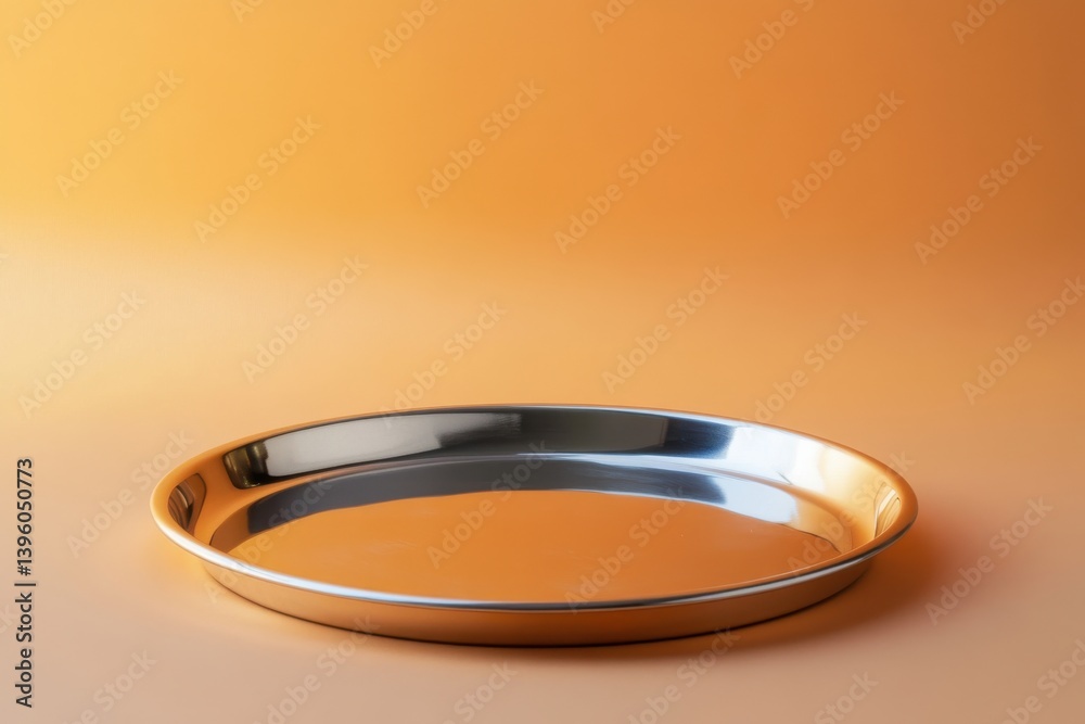 Poster polished metal tray on a warm orange background creates a minimalistic and elegant aesthetic suitabl