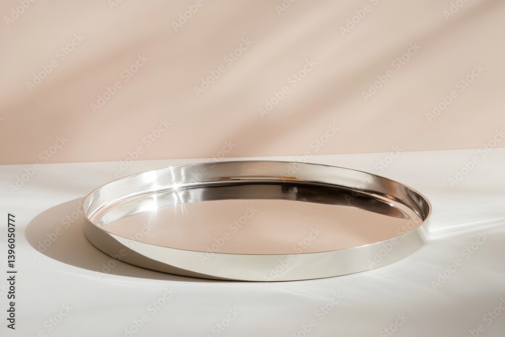 Poster polished metal tray displayed on a minimalist surface with soft shadows in bright indoor light
