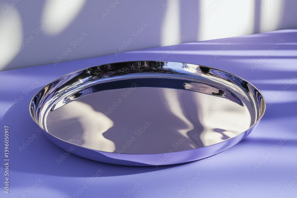Aufkleber reflective metal tray rests on a lavender surface illuminated by soft light