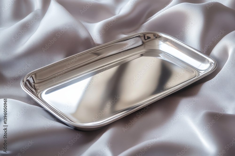Poster Shiny silver rectangular tray resting on smooth, soft fabric in a natural light setting
