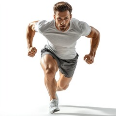 Man in mid-run pose, leaning forward, isolated on white background