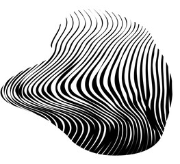 Flowing organic shape with surreal contours and black and white zebra stripe print across curved surfaces.