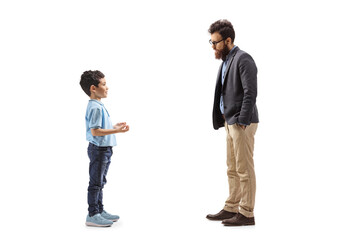 Kid talking to a bearded man