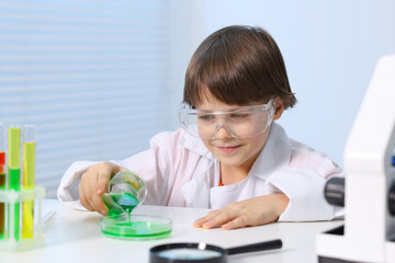 Little boy doing chemical experiment at desk indoors