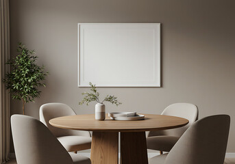 Dining room interior design mockup with round table and blank frame art