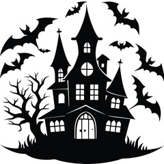 Spooky House Silhouette with Bats & Twisted Trees, Dark Monochrome, Isolated on White