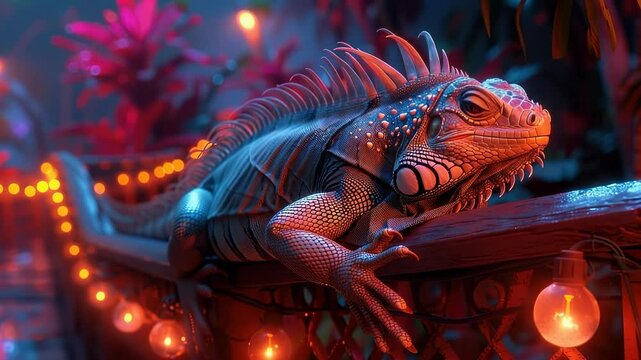 Fantasy iguana: electric scale, digital glow, vibrant reptile, surreal lizard, colorful tropic, ambient creature, mystical fauna, jungle sparkle, hyperreal animal, trippy forest, sci-fi style