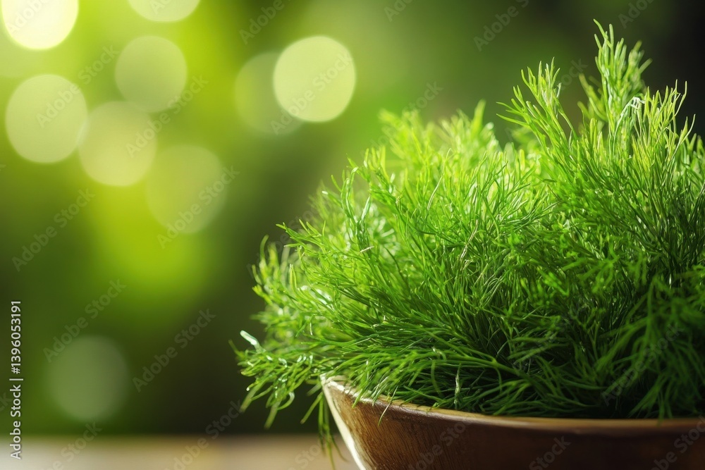 Poster fresh dill in a wooden bowl with soft lighting creating a tranquil ambiance in a kitchen setting