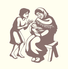 Vector drawing. Mother with baby