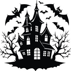 Spooky Haunted House Silhouette with Bats, Trees and Moon on a White Background