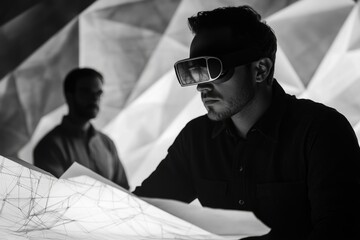 A man wearing VR headset reviews architectural blueprints with a colleague in the background.