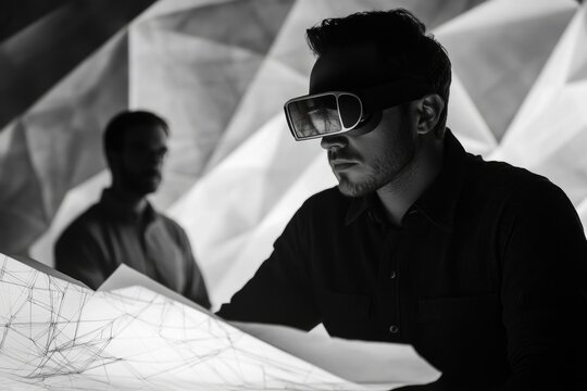 A man wearing VR headset reviews architectural blueprints with a colleague in the background.