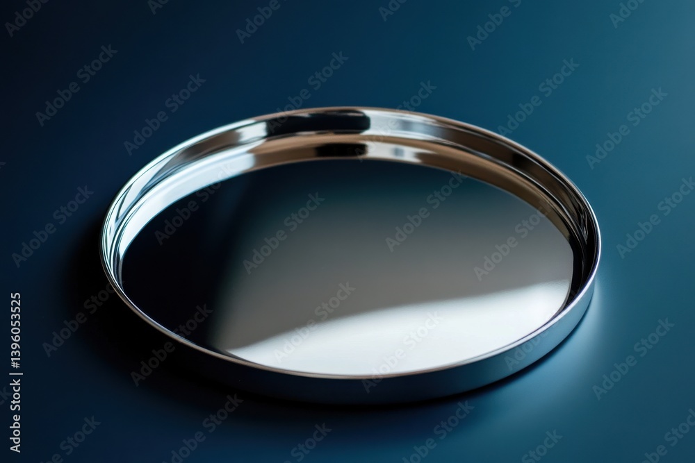 Poster reflective metal tray on blue surface showcasing minimalistic design with soft lighting