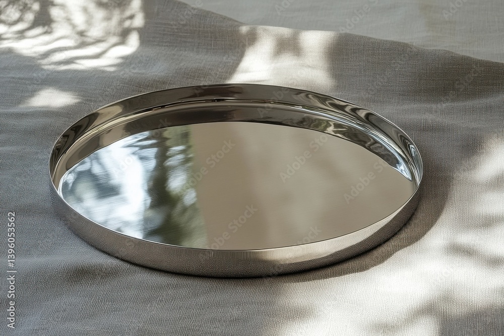 Poster Reflective silver tray rests on a textured linen surface illuminated by soft natural light