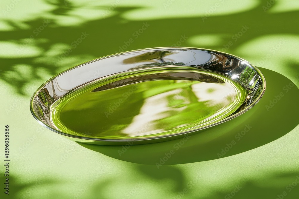 Poster reflective silver tray on vibrant green surface with soft shadows cast by leaves
