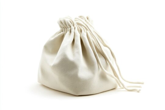 Beige Drawstring Bag for Storage or Gifts Against White Background