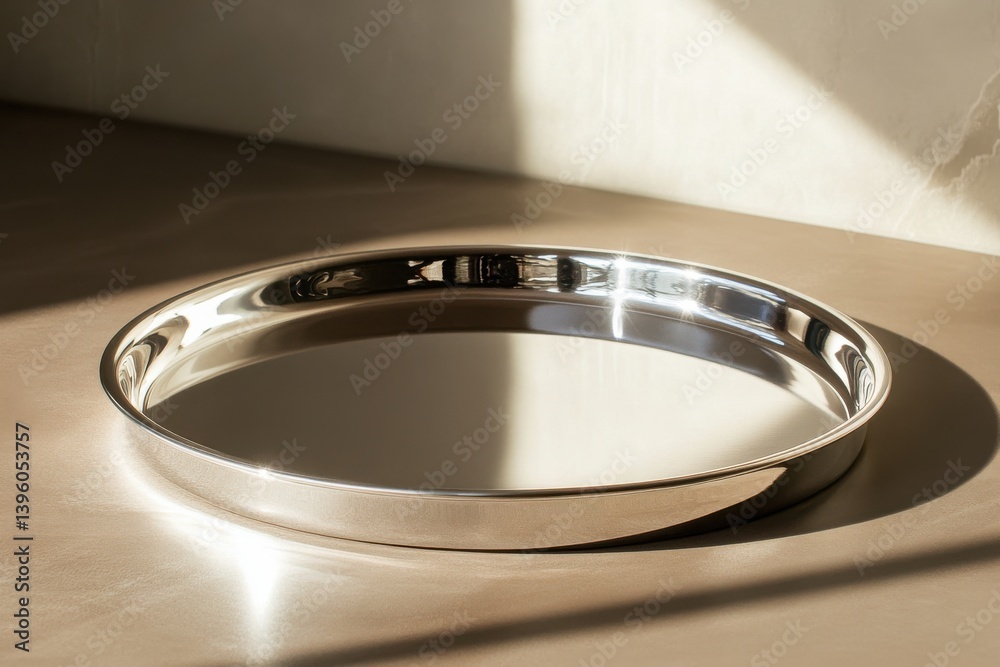 Poster Reflective metal tray placed on a smooth surface illuminated by natural light in a minimalistic setting