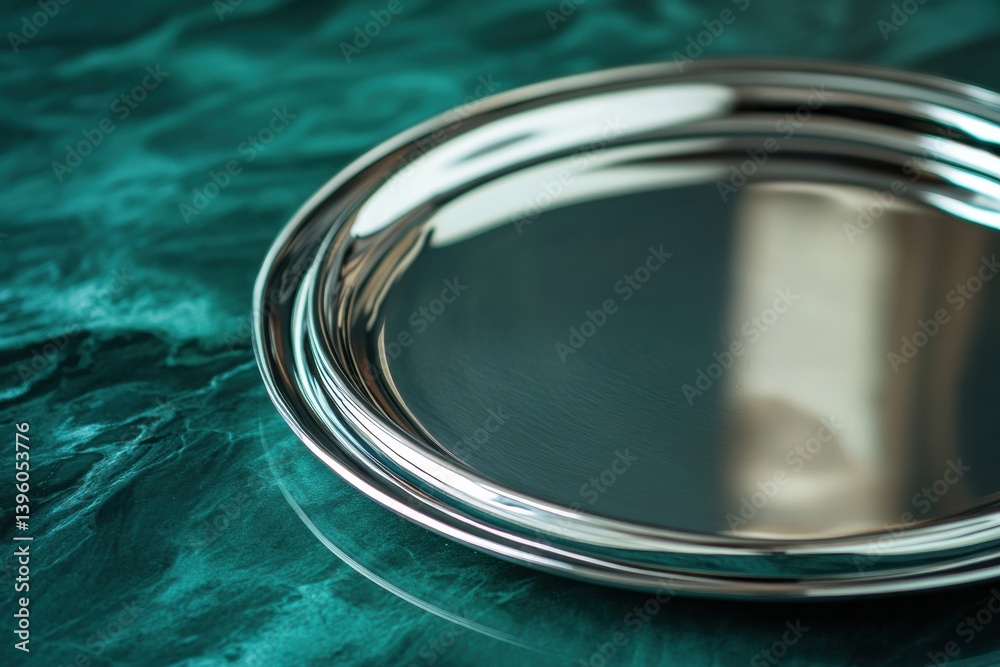 Poster Elegant metallic tray resting on a deep green marble surface with reflections capturing light and texture beautifully