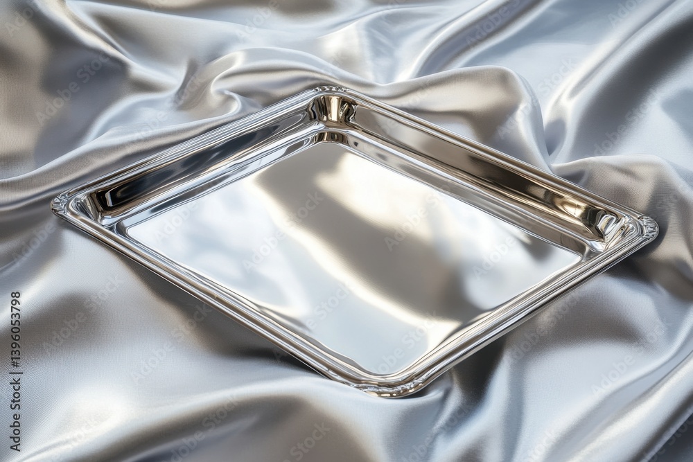 Poster shiny silver tray resting on elegant satin fabric drapes with reflections and texture details