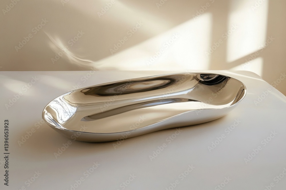 Poster elegant silver serving tray elegantly displayed on a simple white table with soft natural light