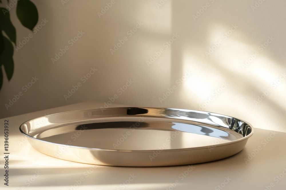 Aufkleber elegant metal tray on a minimalistic table with soft natural light illuminating its surface in a coz