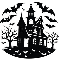 Spooky Silhouette House, Bats Flying, Trees Around, Black and White Design, Isolated
