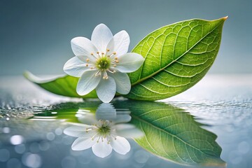 Macro Water Reflection: Delicate White Flower & Leaf