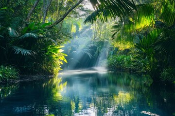 Obraz premium Sunlight Streaming Through Lush Tropical Forest Reflecting in Calm River