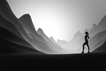 Silhouette of a female athlete standing against a grayscale mountain backdrop, symbolizing achievement and perseverance.