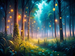 Magical Anime Forest Clearing: Glowing Fireflies & Reeds Macro Photography