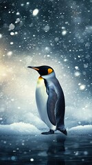 Obraz premium Solitary Emperor Penguin in a snowy landscape with falling snowflakes. A serene and wintery scene, highlighting the penguin's detailed plumage and icy environment.