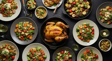 A top down view of a thanksgiving dinner spread with chicken and various side dishes on a dark surface