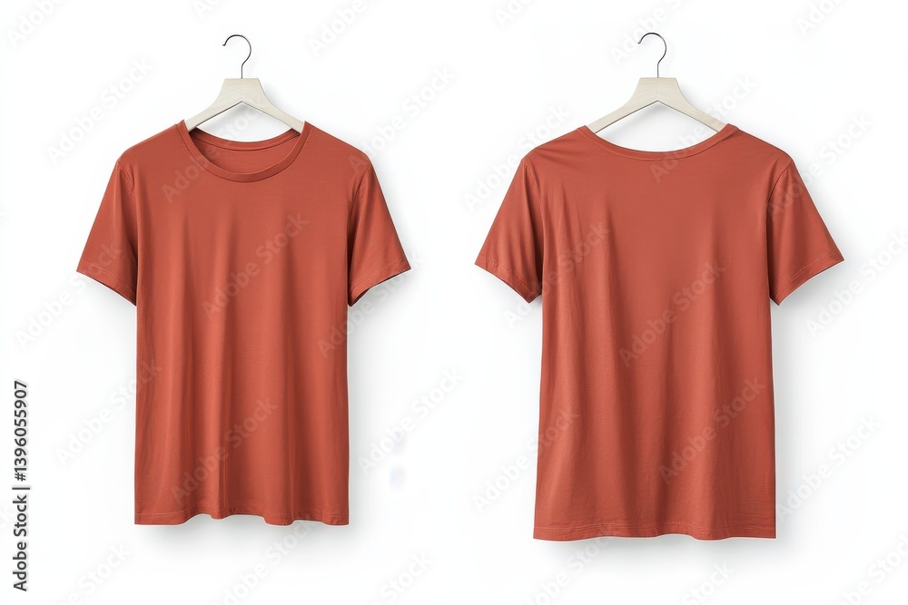 Poster cotton t-shirt displayed on hangers showcasing front and back views in a minimalist setting for casu