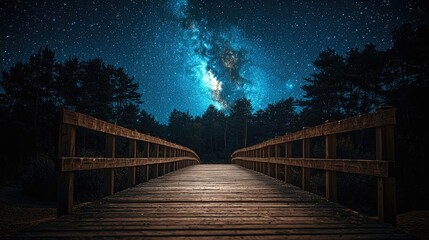 Wooden bridge leading into a forest under a mesmerizing night sky filled with stars and the Milky Way