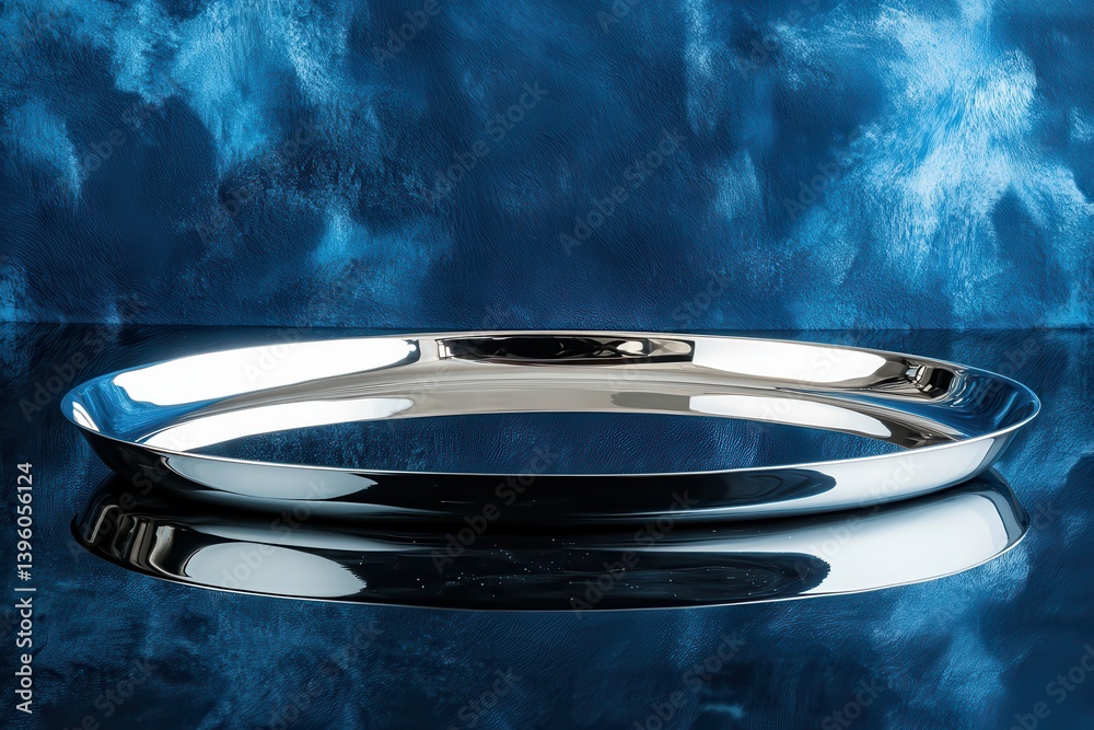 Poster reflective silver serving tray on a blue textured background with calm ambiance and elegant design e