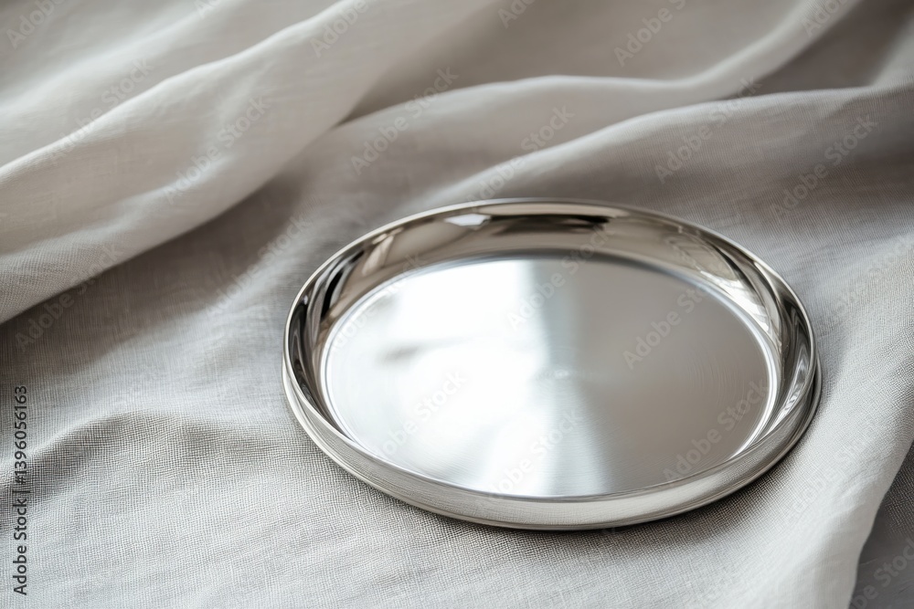 Poster reflective metal tray placed on soft white fabric in an elegant indoor setting
