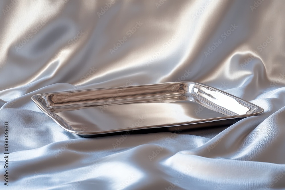 Poster Elegant silver tray resting on a soft satin fabric for a luxurious presentation in a calm setting