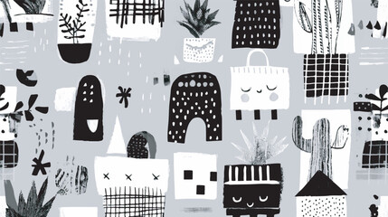 Stylized plants decorate seamless monochromatic patterns background design