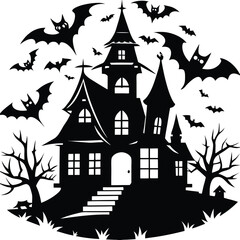 Silhouette Creepy House Surrounded by Bats, Spooky Tree, and Moon Arc