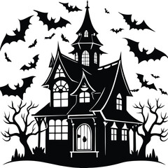 Spooky House, Black Bats Silhouette Flying Around Haunted Home, Full Moon Isolated Art
