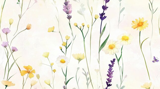   A watercolor painting of wildflowers and daisies on a white background with a pastel pink overlay