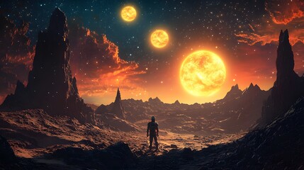 Solitary Explorer in Cosmic Landscape: Witness a lone figure gazing in awe at a breathtaking extraterrestrial panorama.