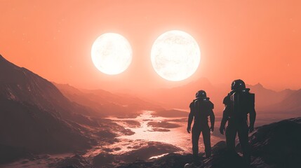 Fototapeta premium Astronauts on Exoplanet: Two figures in futuristic suits stand atop a rocky, mountainous terrain, gazing towards two radiant suns setting over a breathtaking, alien landscape.
