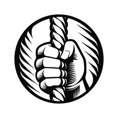 Fist Gripping Thick Rope in a Circle, Strength, Endurance, Climb, Black and White Design