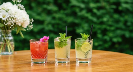 A refreshing array of colorful cocktails displayed on a wooden table with a floral arrangement behind them