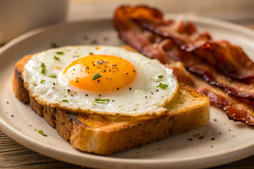 Fried Egg On Toast With Crispy Bacon Classic Breakfast Close Up