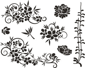 	
Floral vector ornaments luxury set with various types of flowers, leaves and swirls, made in traditional Japanese and Chinese styles. Exquisite wedding decoration designs, vinyl and laser ready.